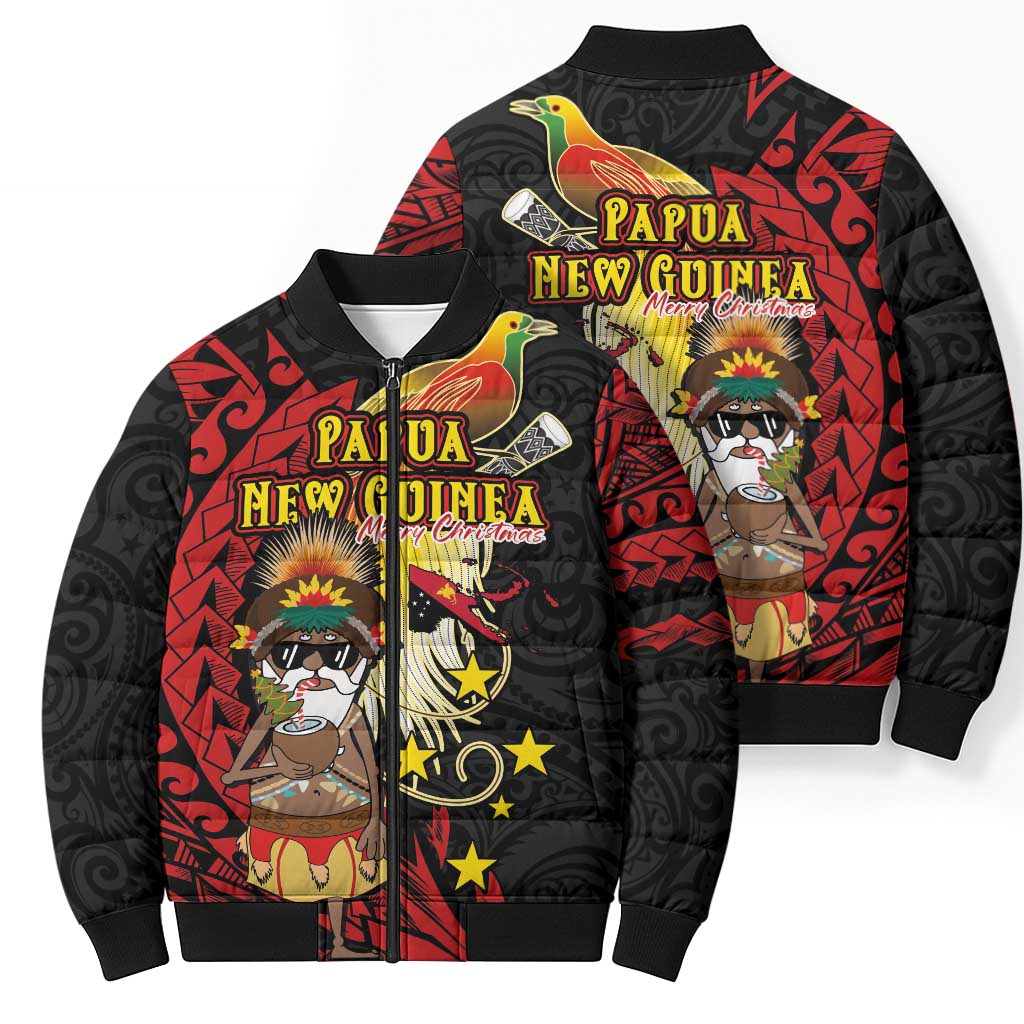 Papua New Guinea Christmas Bomber Puffer Jacket Funny Melanesian Santa with Bird-of-paradise Tribal Style - Polynesian Pride