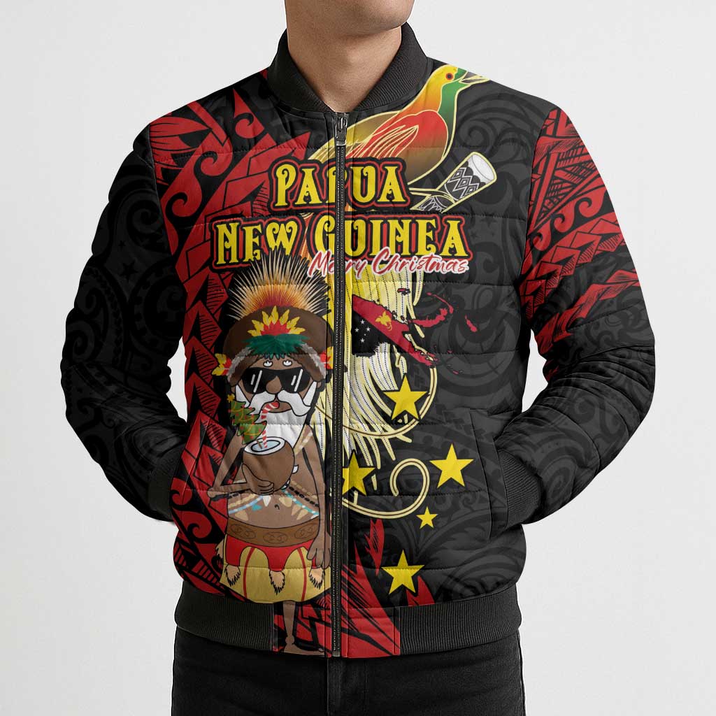 Papua New Guinea Christmas Bomber Puffer Jacket Funny Melanesian Santa with Bird-of-paradise Tribal Style - Polynesian Pride