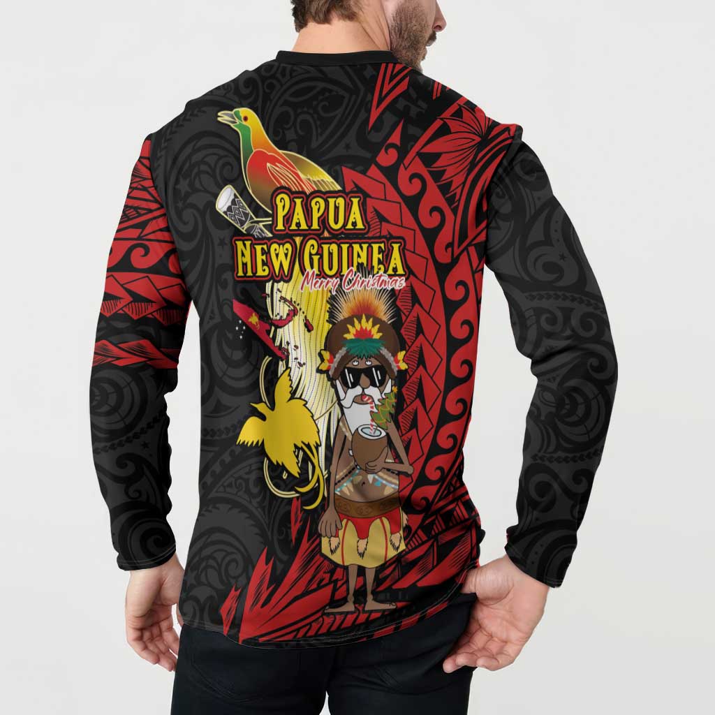 Papua New Guinea Christmas Button Sweatshirt Funny Melanesian Santa with Bird-of-paradise Tribal Style - Polynesian Pride