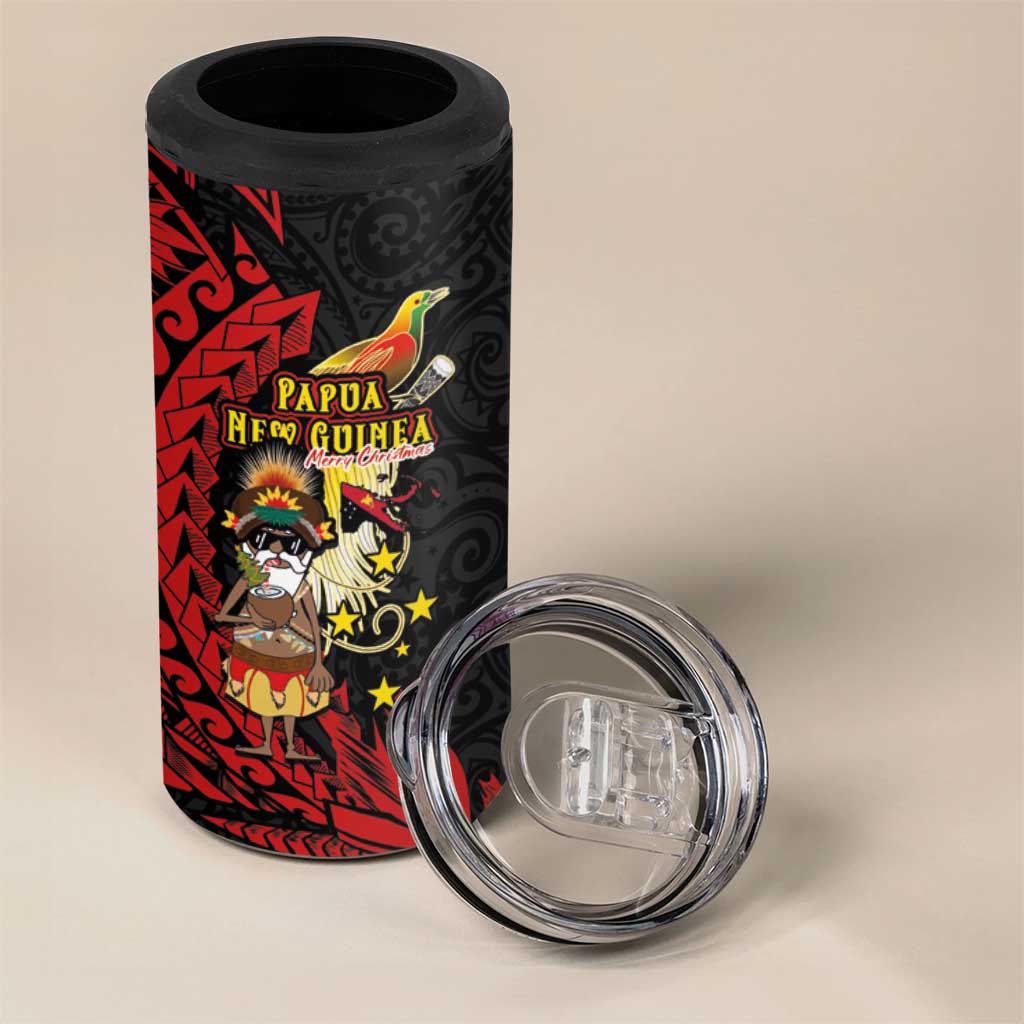 Papua New Guinea Christmas 4 in 1 Can Cooler Tumbler Funny Melanesian Santa with Bird-of-paradise Tribal Style - Polynesian Pride