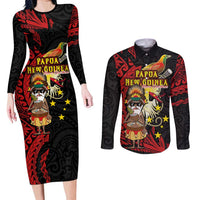Papua New Guinea Christmas Couples Matching Long Sleeve Bodycon Dress and Long Sleeve Button Shirt Funny Melanesian Santa with Bird-of-paradise Tribal Style - Polynesian Pride