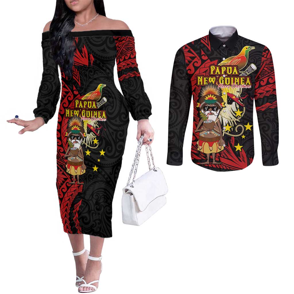Papua New Guinea Christmas Couples Matching Off The Shoulder Long Sleeve Dress and Long Sleeve Button Shirt Funny Melanesian Santa with Bird-of-paradise Tribal Style - Polynesian Pride
