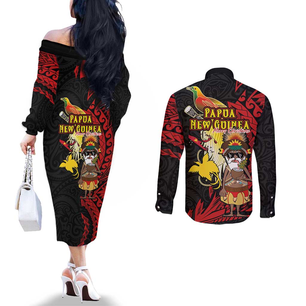 Papua New Guinea Christmas Couples Matching Off The Shoulder Long Sleeve Dress and Long Sleeve Button Shirt Funny Melanesian Santa with Bird-of-paradise Tribal Style - Polynesian Pride