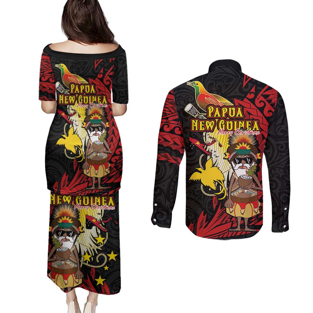 Papua New Guinea Christmas Couples Matching Puletasi and Long Sleeve Button Shirt Funny Melanesian Santa with Bird-of-paradise Tribal Style - Polynesian Pride