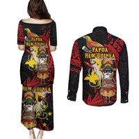 Papua New Guinea Christmas Couples Matching Puletasi and Long Sleeve Button Shirt Funny Melanesian Santa with Bird-of-paradise Tribal Style - Polynesian Pride