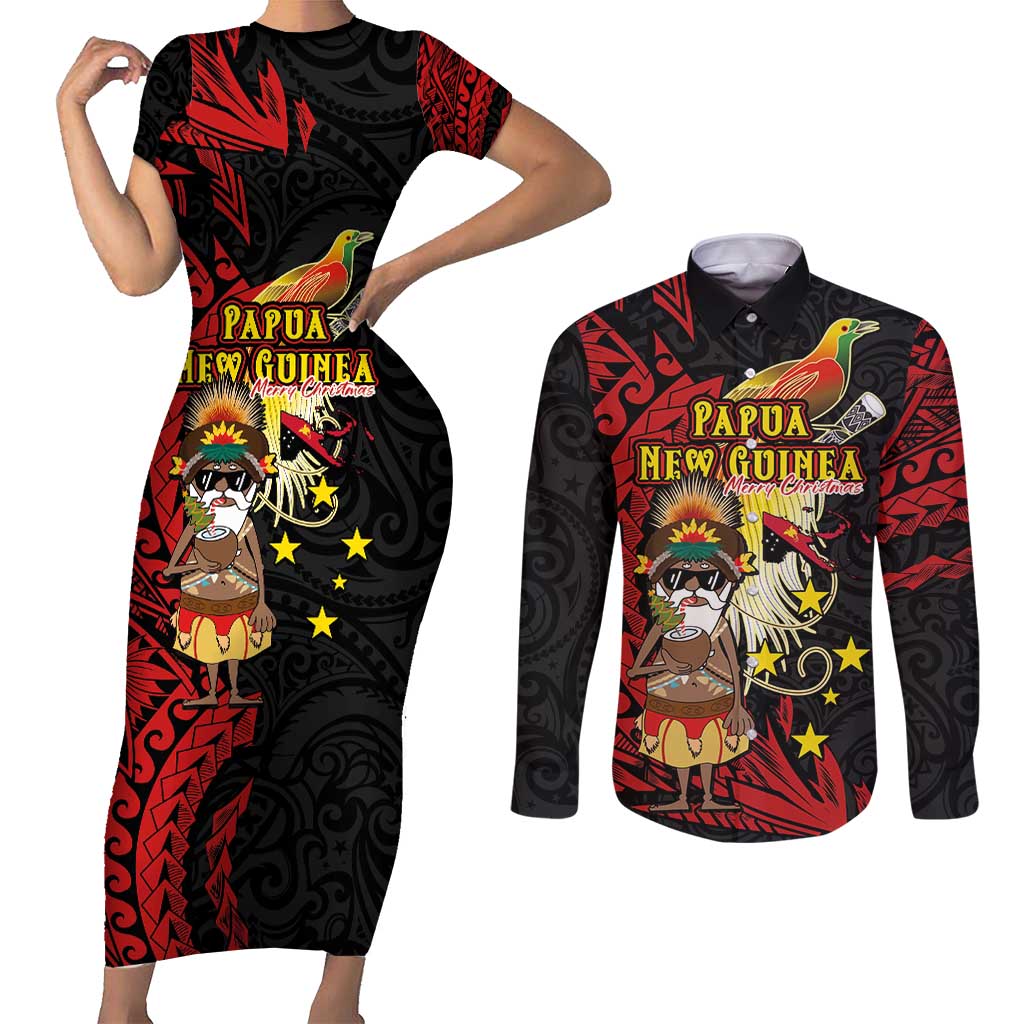 Papua New Guinea Christmas Couples Matching Short Sleeve Bodycon Dress and Long Sleeve Button Shirt Funny Melanesian Santa with Bird-of-paradise Tribal Style - Polynesian Pride