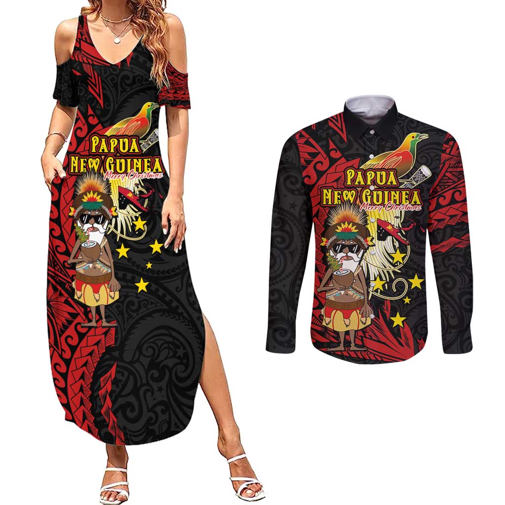 Papua New Guinea Christmas Couples Matching Summer Maxi Dress and Long Sleeve Button Shirt Funny Melanesian Santa with Bird-of-paradise Tribal Style - Polynesian Pride