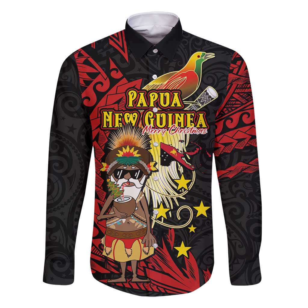 Papua New Guinea Christmas Family Matching Long Sleeve Bodycon Dress and Hawaiian Shirt Funny Melanesian Santa with Bird-of-paradise Tribal Style - Polynesian Pride