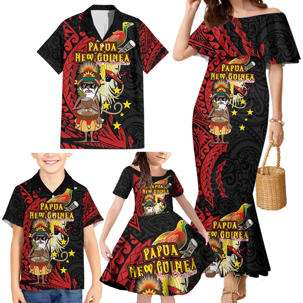 Papua New Guinea Christmas Family Matching Mermaid Dress and Hawaiian Shirt Funny Melanesian Santa with Bird-of-paradise Tribal Style - Polynesian Pride