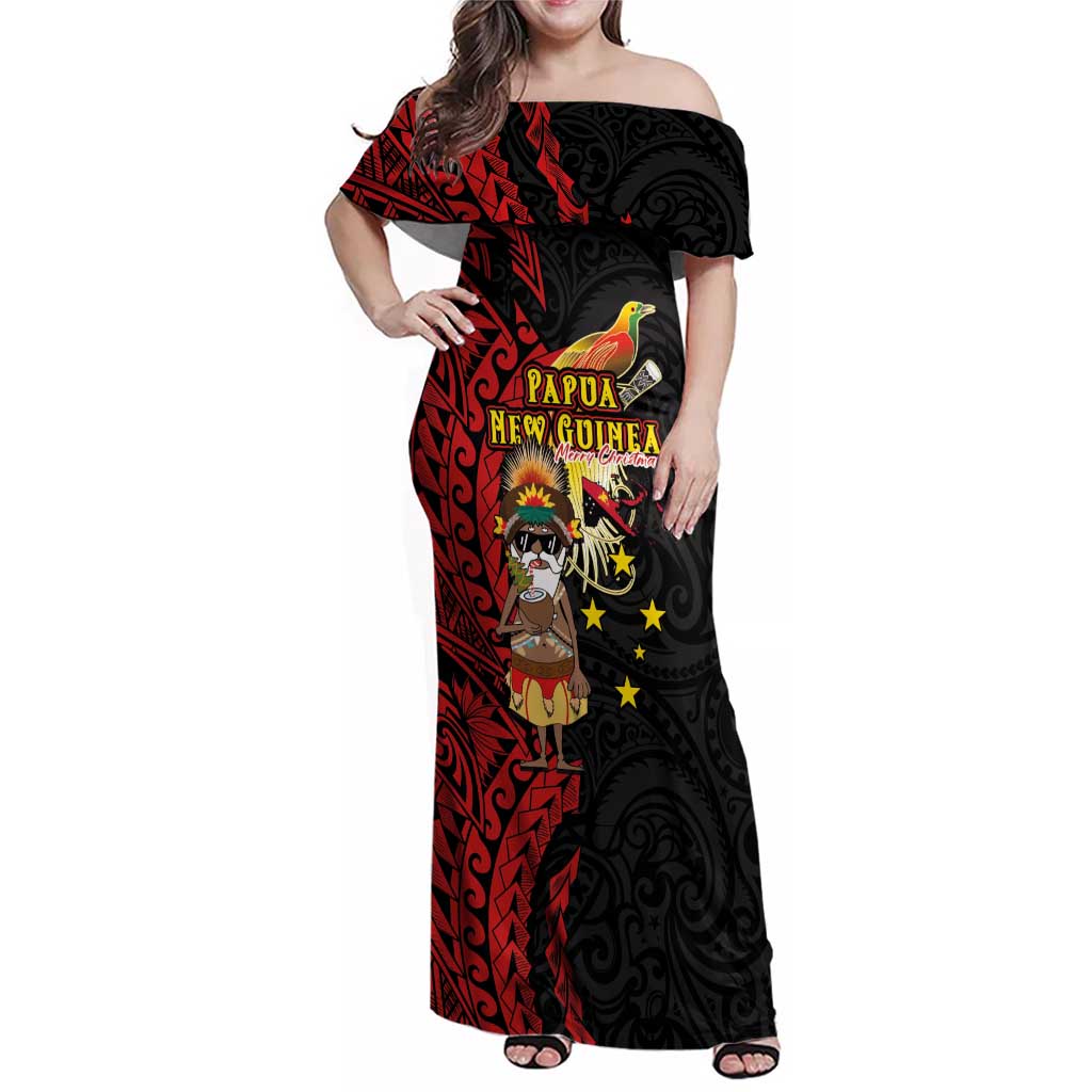 Papua New Guinea Christmas Family Matching Off Shoulder Maxi Dress and Hawaiian Shirt Funny Melanesian Santa with Bird-of-paradise Tribal Style - Polynesian Pride