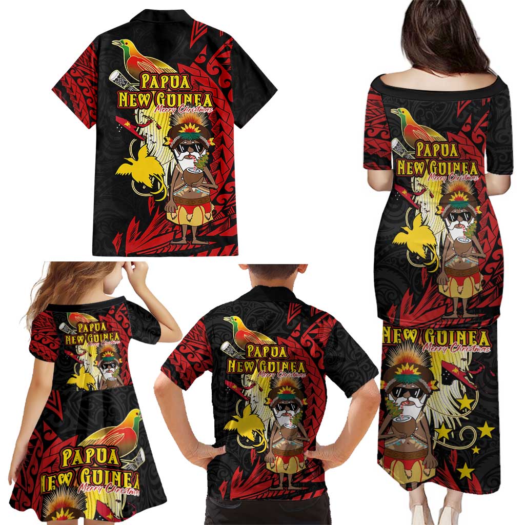 Papua New Guinea Christmas Family Matching Puletasi and Hawaiian Shirt Funny Melanesian Santa with Bird-of-paradise Tribal Style - Polynesian Pride