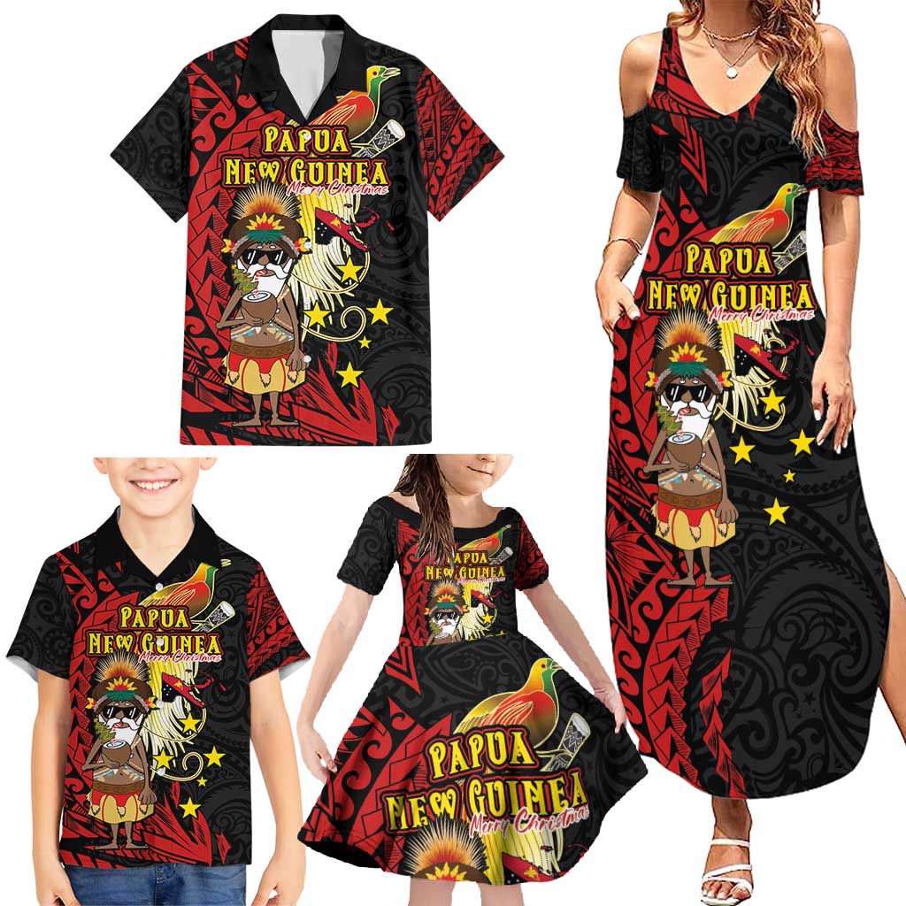 Papua New Guinea Christmas Family Matching Summer Maxi Dress and Hawaiian Shirt Funny Melanesian Santa with Bird-of-paradise Tribal Style - Polynesian Pride