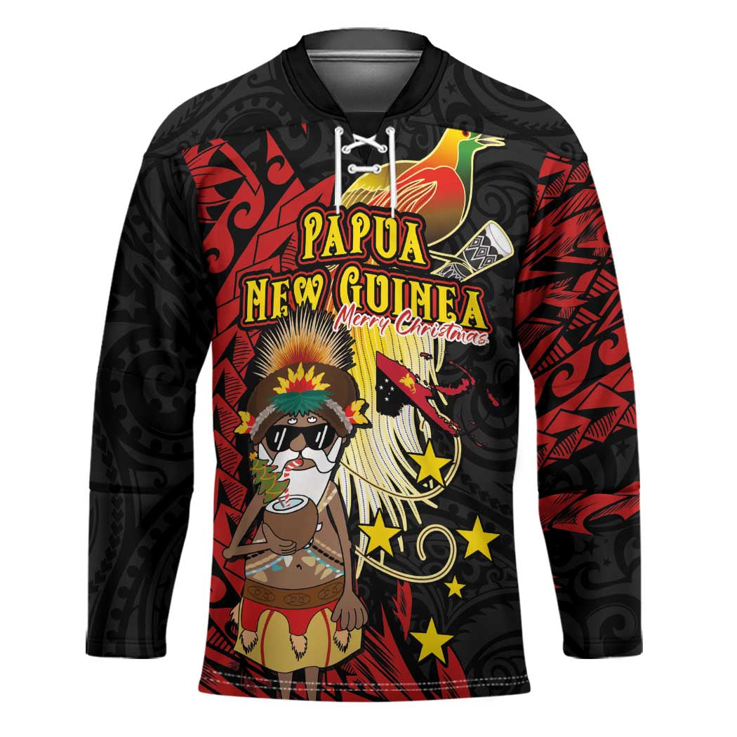 Papua New Guinea Christmas Hockey Jersey Funny Melanesian Santa with Bird-of-paradise Tribal Style - Polynesian Pride
