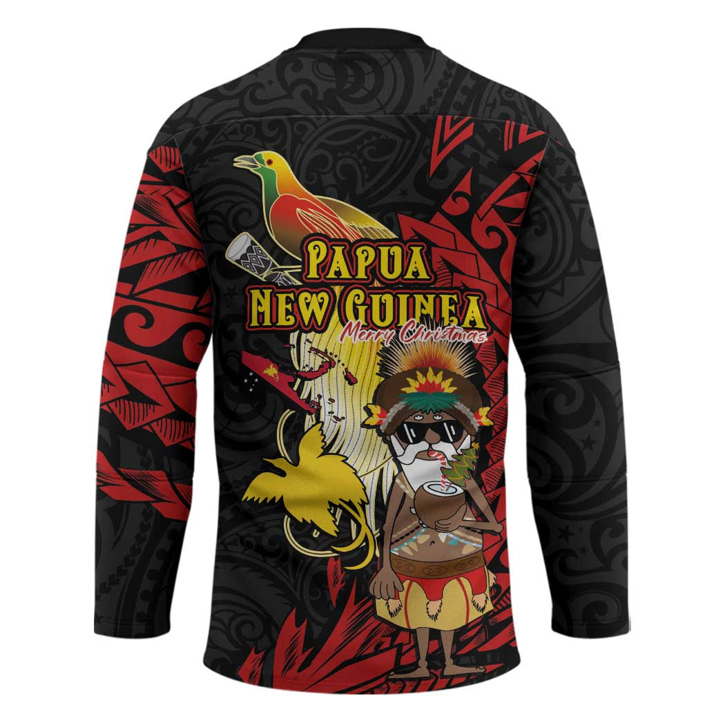 Papua New Guinea Christmas Hockey Jersey Funny Melanesian Santa with Bird-of-paradise Tribal Style - Polynesian Pride