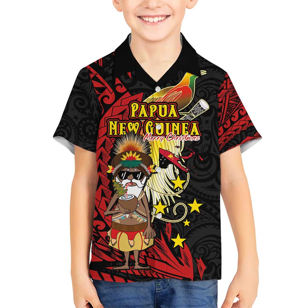 Papua New Guinea Christmas Kid Hawaiian Shirt Funny Melanesian Santa with Bird-of-paradise Tribal Style - Polynesian Pride