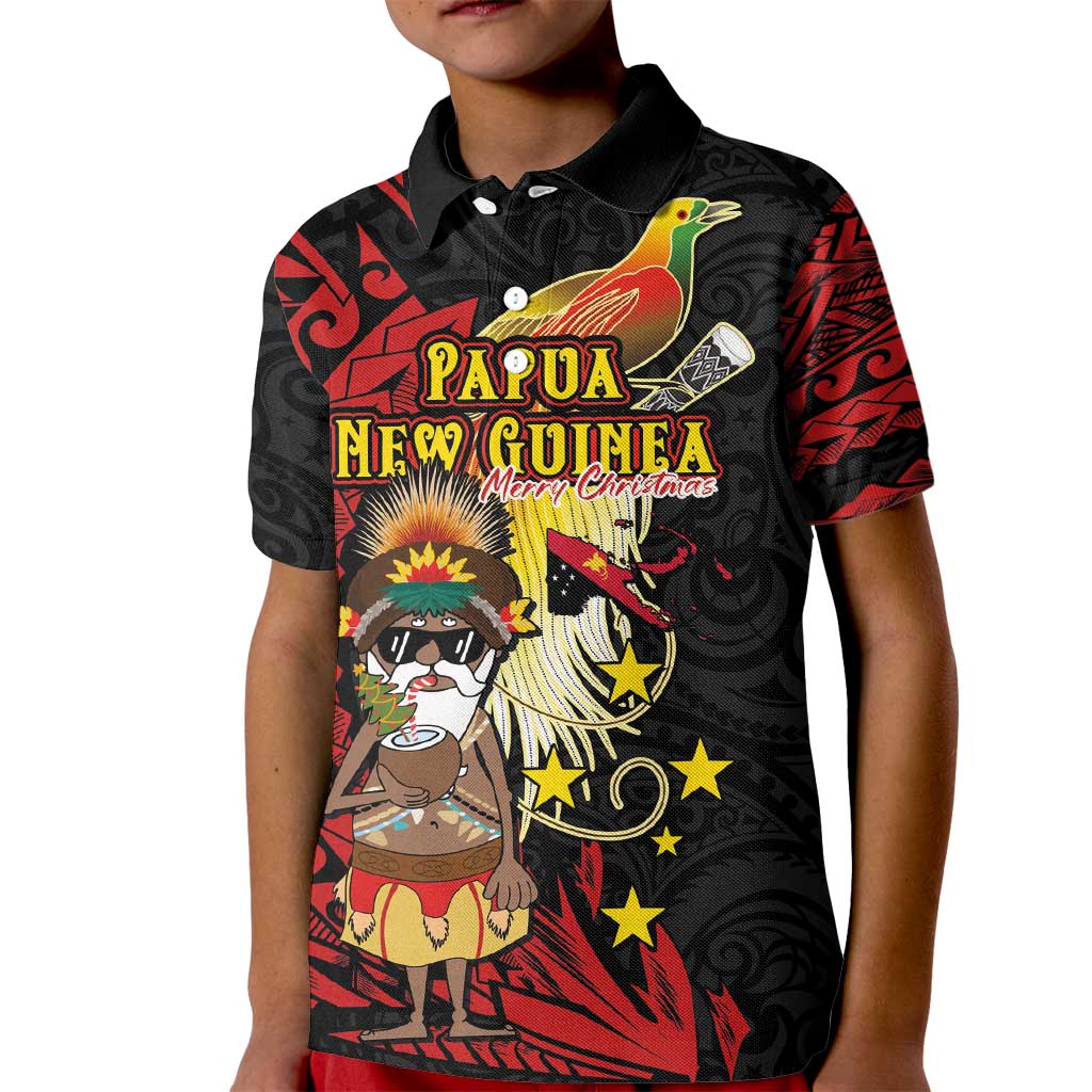 Papua New Guinea Christmas Kid Polo Shirt Funny Melanesian Santa with Bird-of-paradise Tribal Style - Polynesian Pride