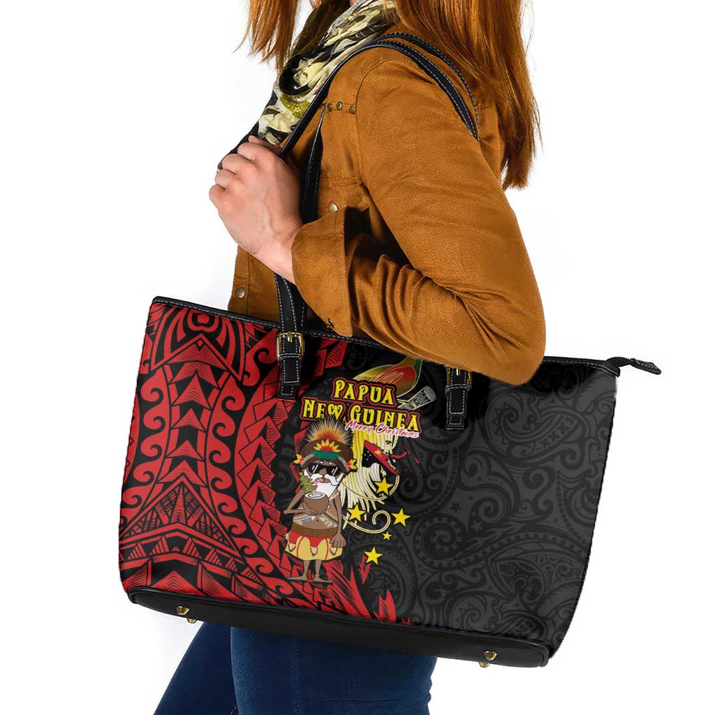 Papua New Guinea Christmas Leather Tote Bag Funny Melanesian Santa with Bird-of-paradise Tribal Style LT03 Black - Polynesian Pride