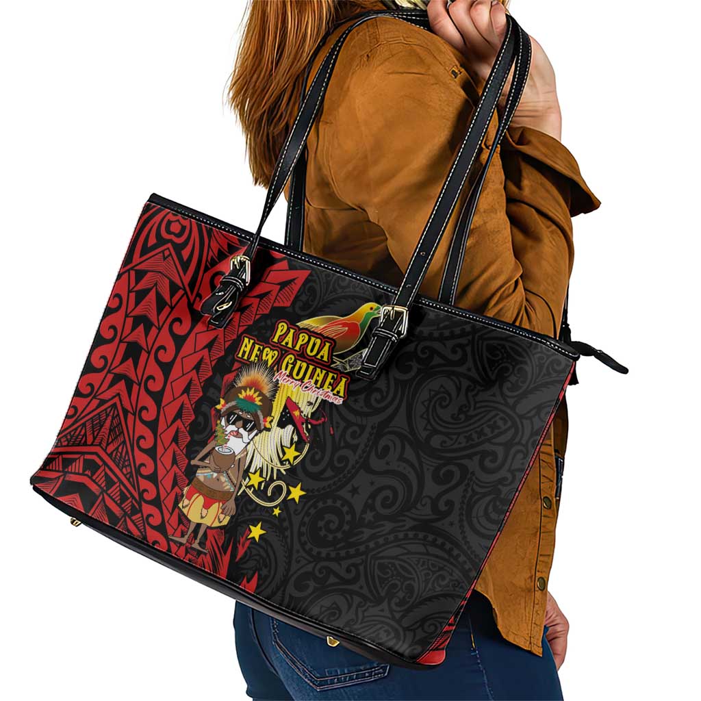 Papua New Guinea Christmas Leather Tote Bag Funny Melanesian Santa with Bird-of-paradise Tribal Style LT03 - Polynesian Pride