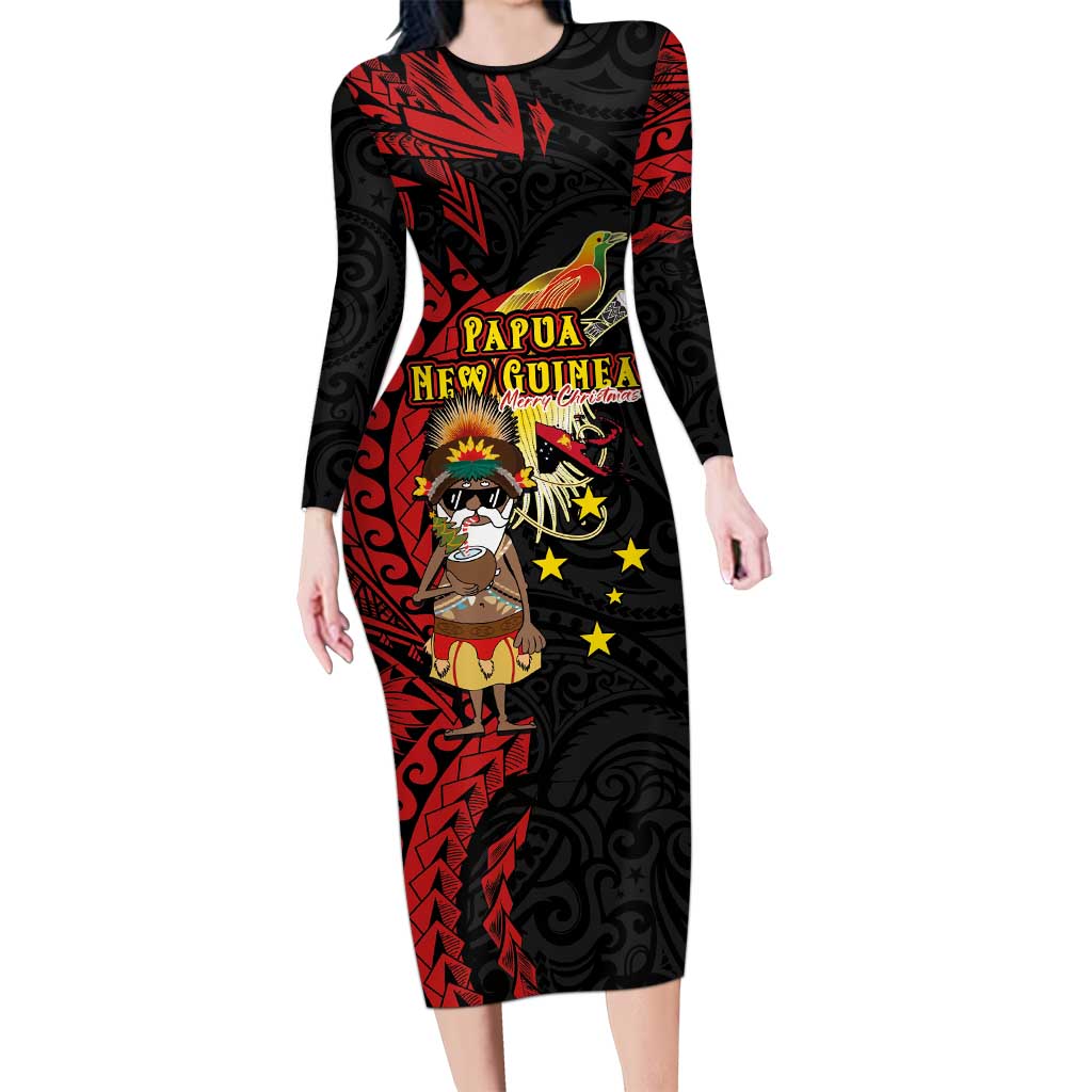 Papua New Guinea Christmas Long Sleeve Bodycon Dress Funny Melanesian Santa with Bird-of-paradise Tribal Style - Polynesian Pride
