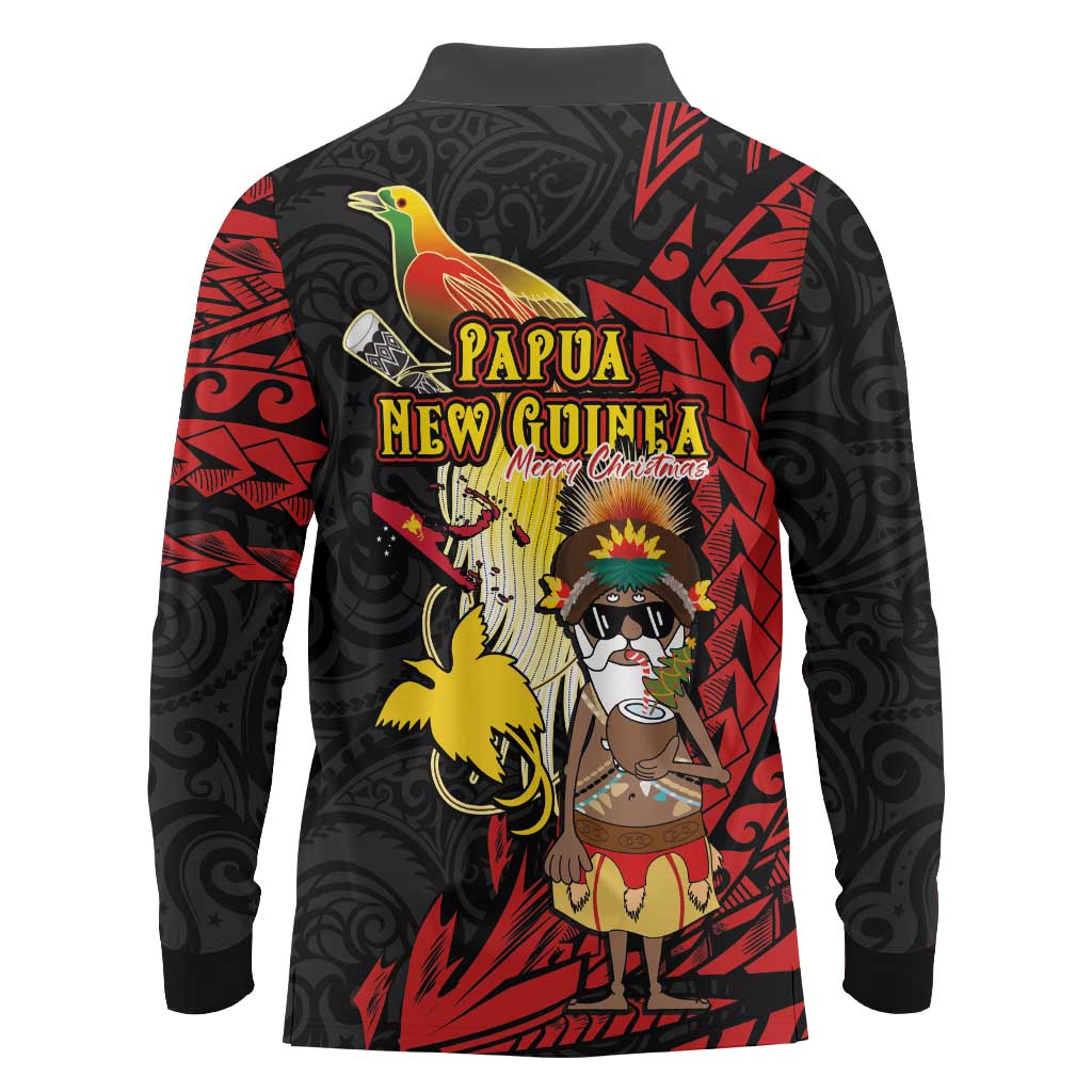 Papua New Guinea Christmas Long Sleeve Polo Shirt Funny Melanesian Santa with Bird-of-paradise Tribal Style - Polynesian Pride