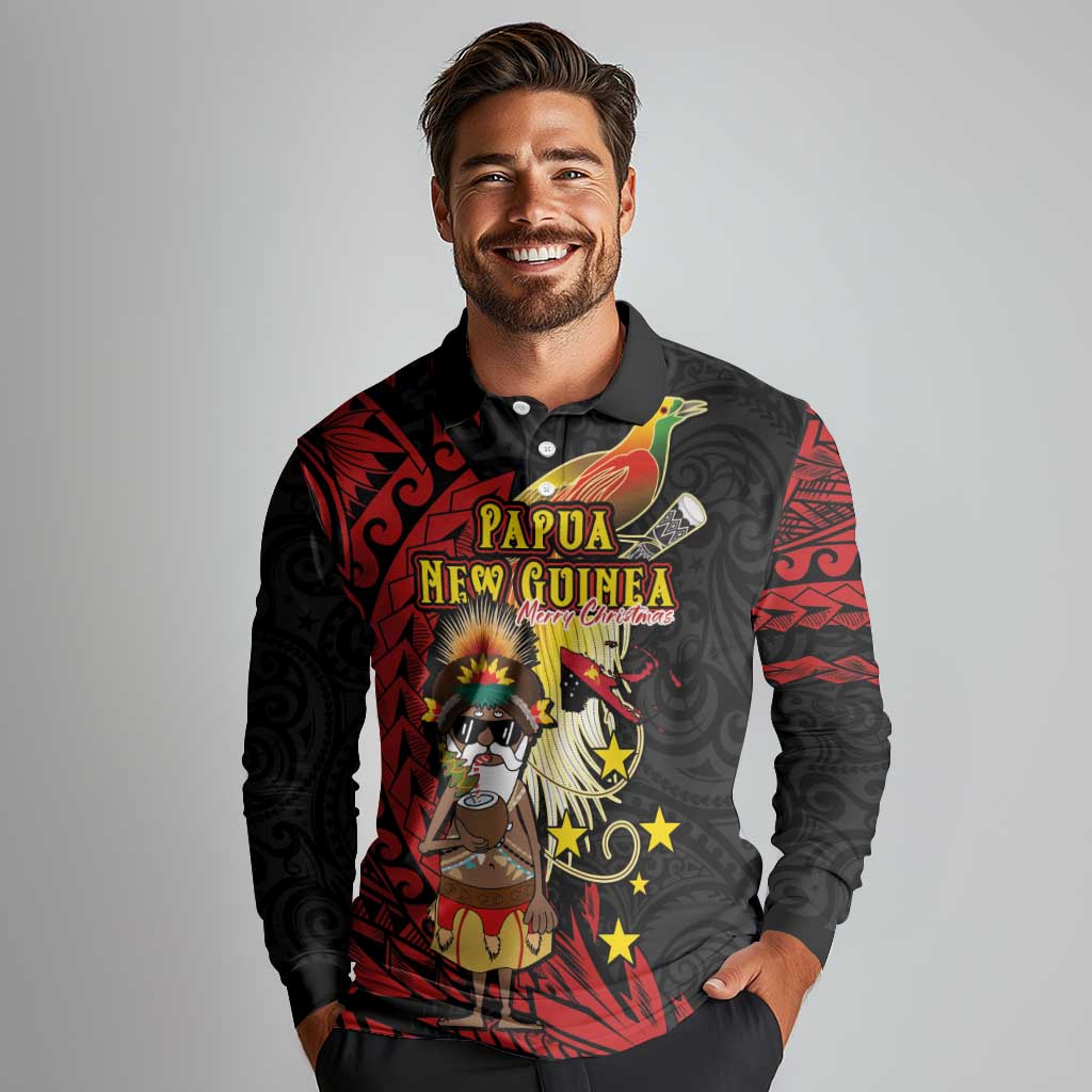 Papua New Guinea Christmas Long Sleeve Polo Shirt Funny Melanesian Santa with Bird-of-paradise Tribal Style - Polynesian Pride