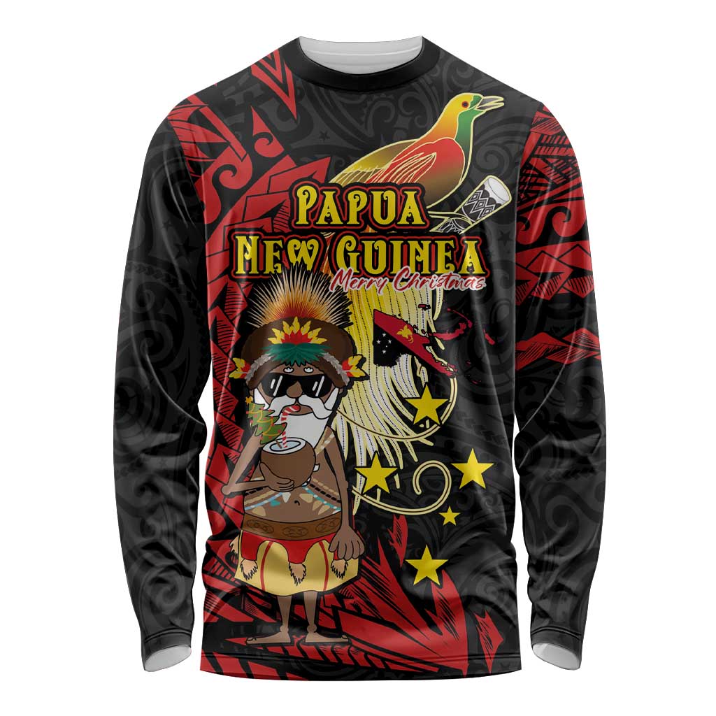 Papua New Guinea Christmas Long Sleeve Shirt Funny Melanesian Santa with Bird-of-paradise Tribal Style - Polynesian Pride