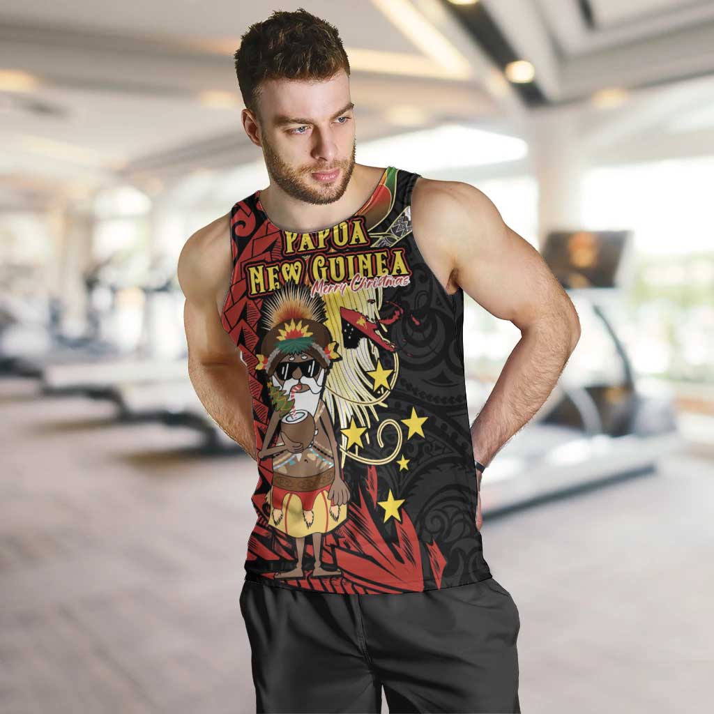Papua New Guinea Christmas Men Tank Top Funny Melanesian Santa with Bird-of-paradise Tribal Style LT03 Black - Polynesian Pride