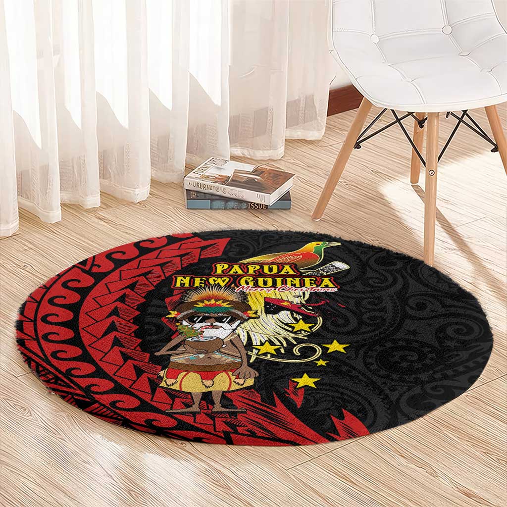Papua New Guinea Christmas Round Carpet Funny Melanesian Santa with Bird-of-paradise Tribal Style - Polynesian Pride