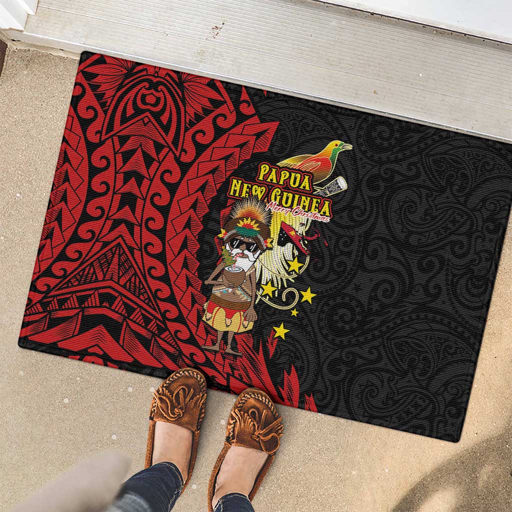Papua New Guinea Christmas Rubber Doormat Funny Melanesian Santa with Bird-of-paradise Tribal Style - Polynesian Pride