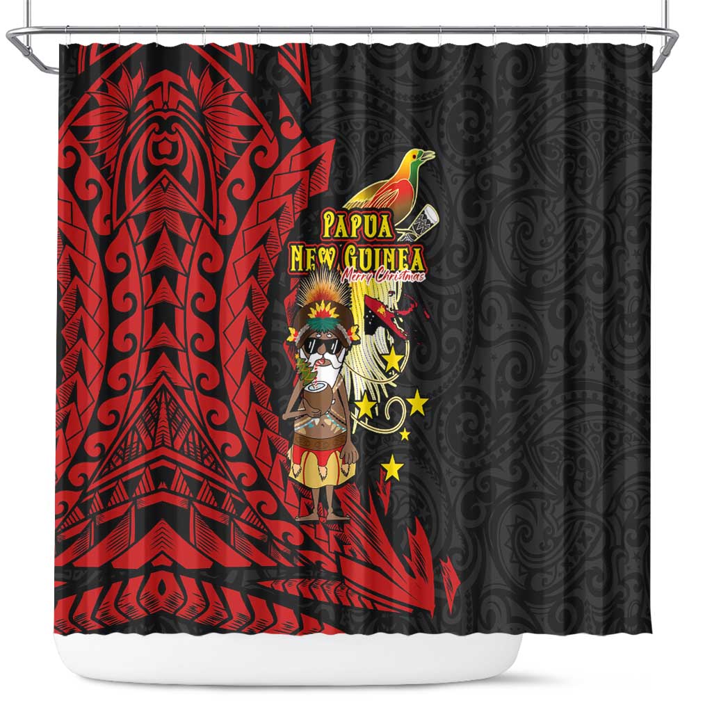 Papua New Guinea Christmas Shower Curtain Funny Melanesian Santa with Bird-of-paradise Tribal Style - Polynesian Pride