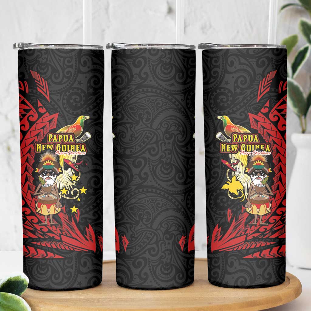 Papua New Guinea Christmas Skinny Tumbler Funny Melanesian Santa with Bird-of-paradise Tribal Style - Polynesian Pride