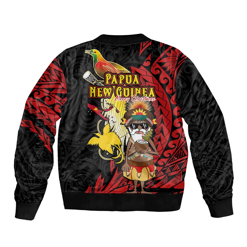 Papua New Guinea Christmas Sleeve Zip Bomber Jacket Funny Melanesian Santa with Bird-of-paradise Tribal Style - Polynesian Pride