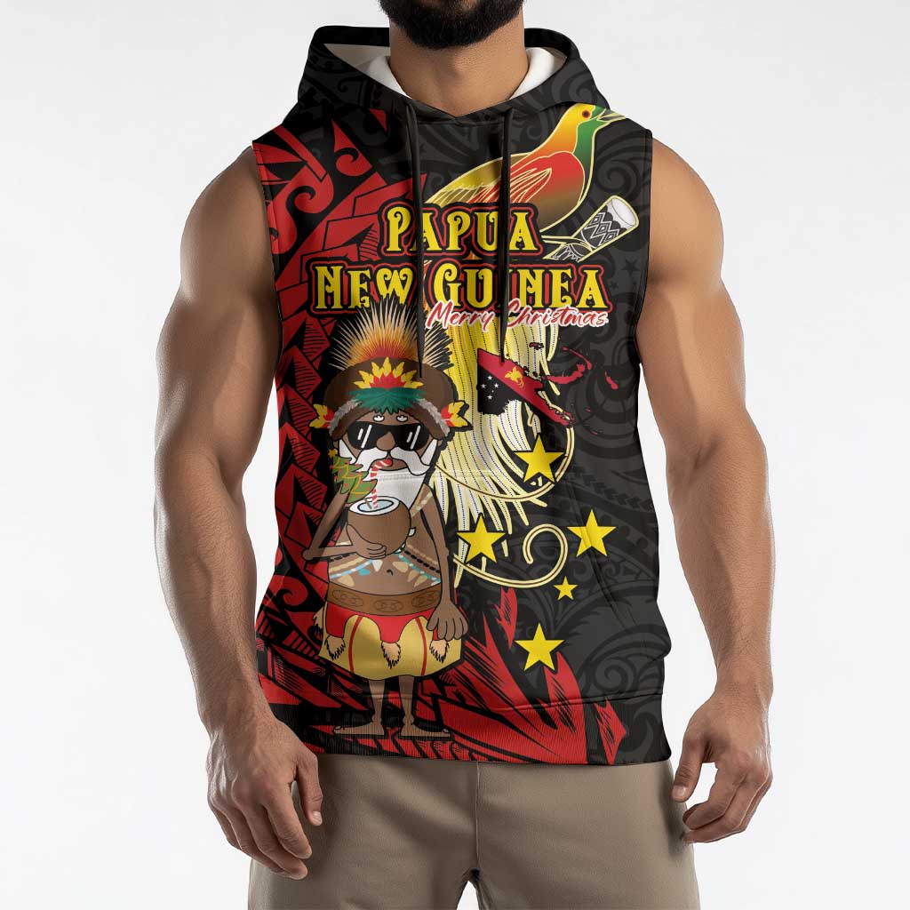 Papua New Guinea Christmas Sleeveless Hoodie Funny Melanesian Santa with Bird-of-paradise Tribal Style - Polynesian Pride