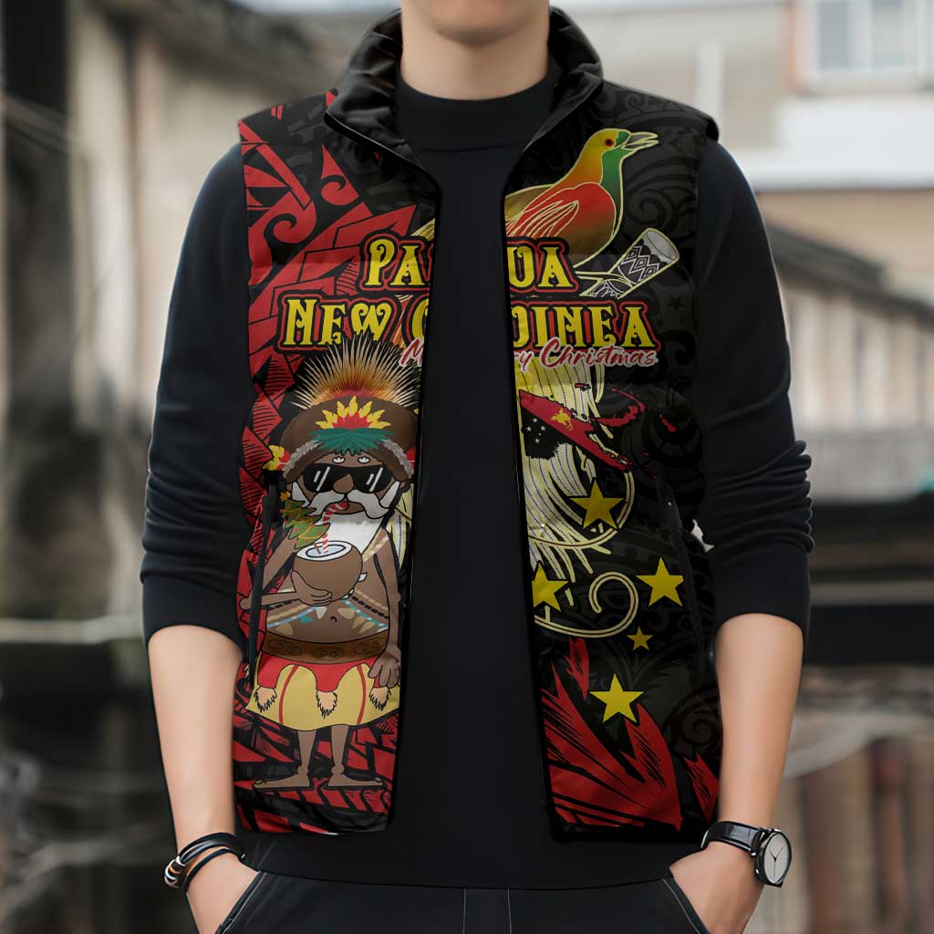 Papua New Guinea Christmas Sleeveless Puffer Jacket Funny Melanesian Santa with Bird-of-paradise Tribal Style - Polynesian Pride