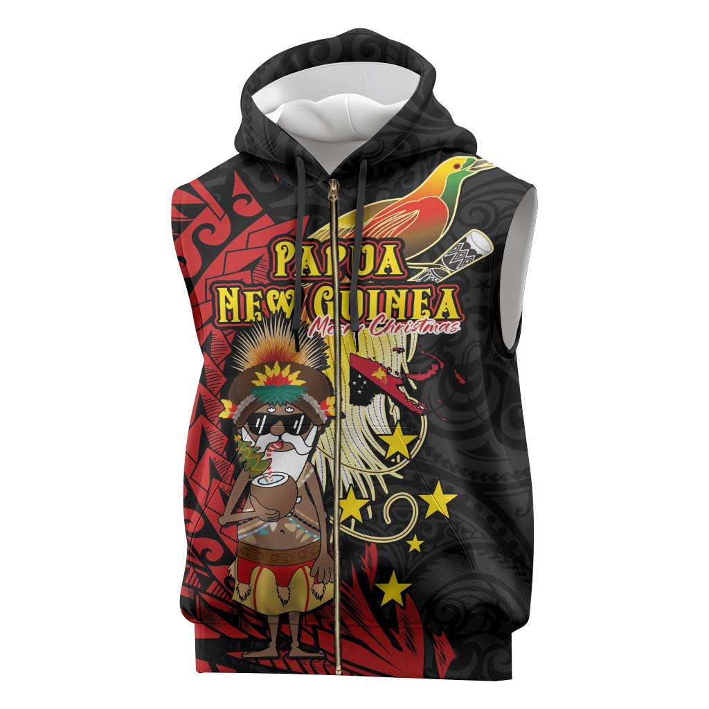 Papua New Guinea Christmas Sleeveless Zip Hoodie Funny Melanesian Santa with Bird-of-paradise Tribal Style - Polynesian Pride