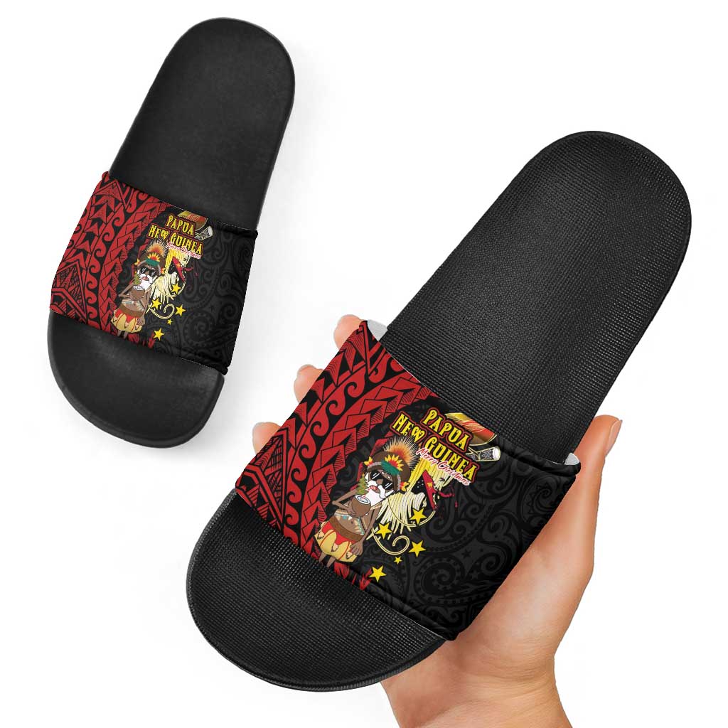 Papua New Guinea Christmas Slide Sandals Funny Melanesian Santa with Bird-of-paradise Tribal Style - Polynesian Pride