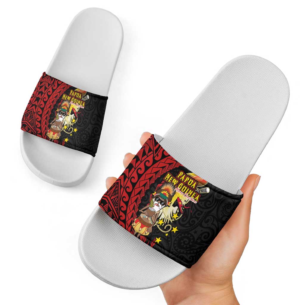Papua New Guinea Christmas Slide Sandals Funny Melanesian Santa with Bird-of-paradise Tribal Style - Polynesian Pride