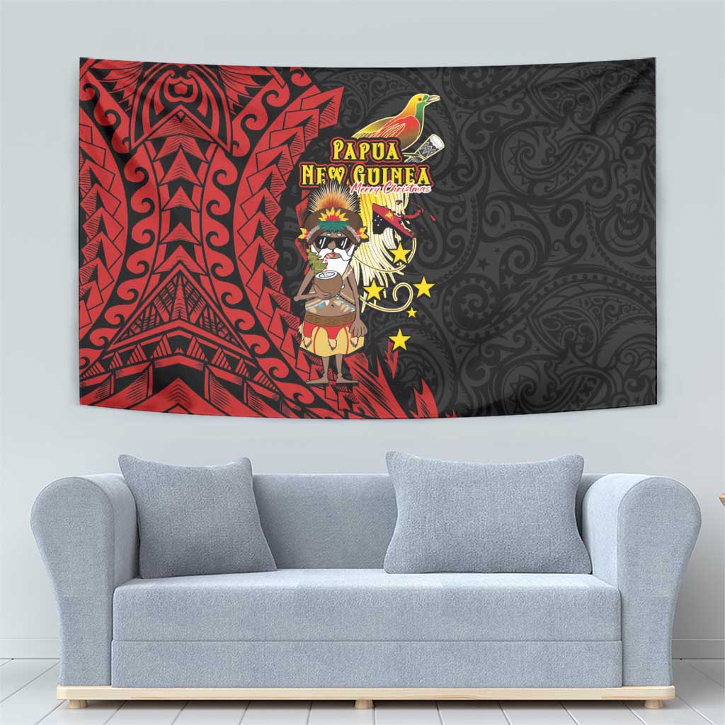 Papua New Guinea Christmas Tapestry Funny Melanesian Santa with Bird-of-paradise Tribal Style - Polynesian Pride