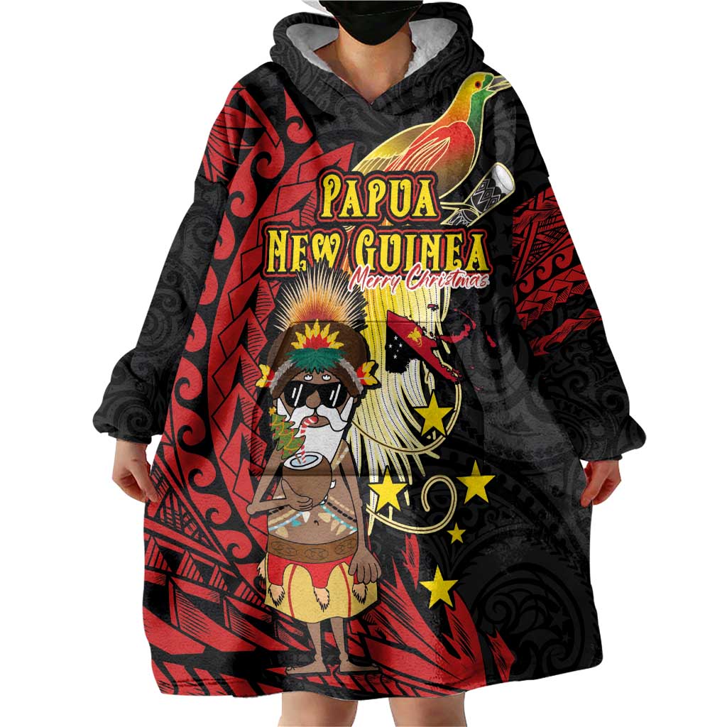 Papua New Guinea Christmas Wearable Blanket Hoodie Funny Melanesian Santa with Bird-of-paradise Tribal Style - Polynesian Pride