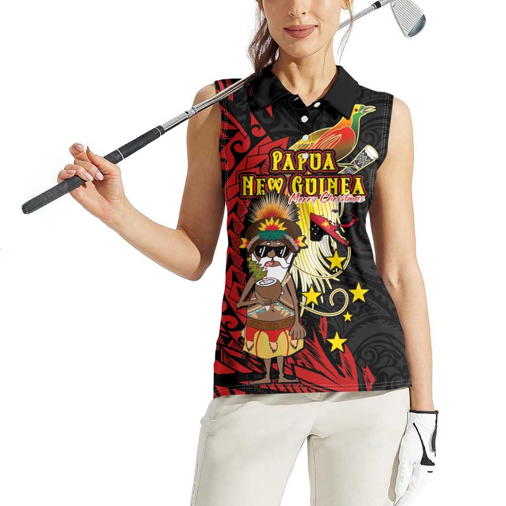 Papua New Guinea Christmas Women Sleeveless Polo Shirt Funny Melanesian Santa with Bird-of-paradise Tribal Style - Polynesian Pride