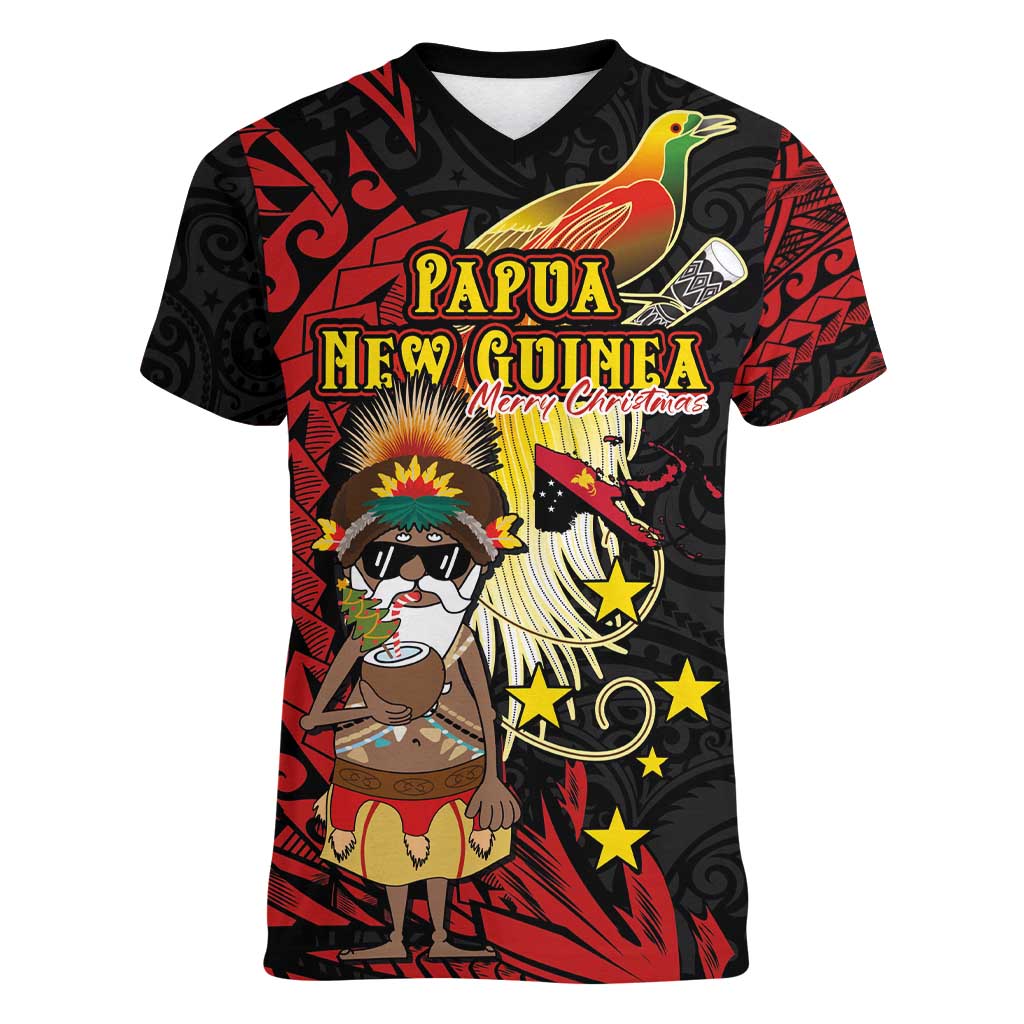 Papua New Guinea Christmas Women V-Neck T-Shirt Funny Melanesian Santa with Bird-of-paradise Tribal Style - Polynesian Pride