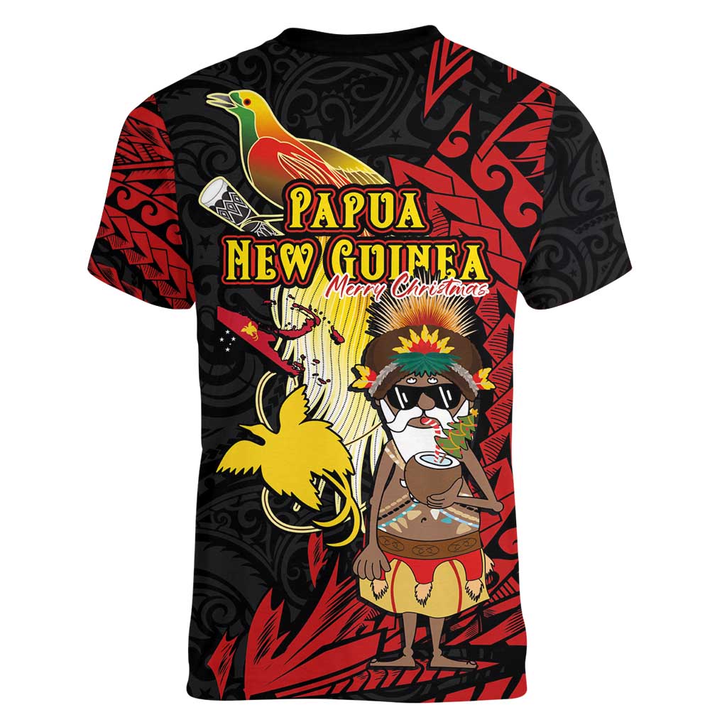 Papua New Guinea Christmas Women V-Neck T-Shirt Funny Melanesian Santa with Bird-of-paradise Tribal Style - Polynesian Pride