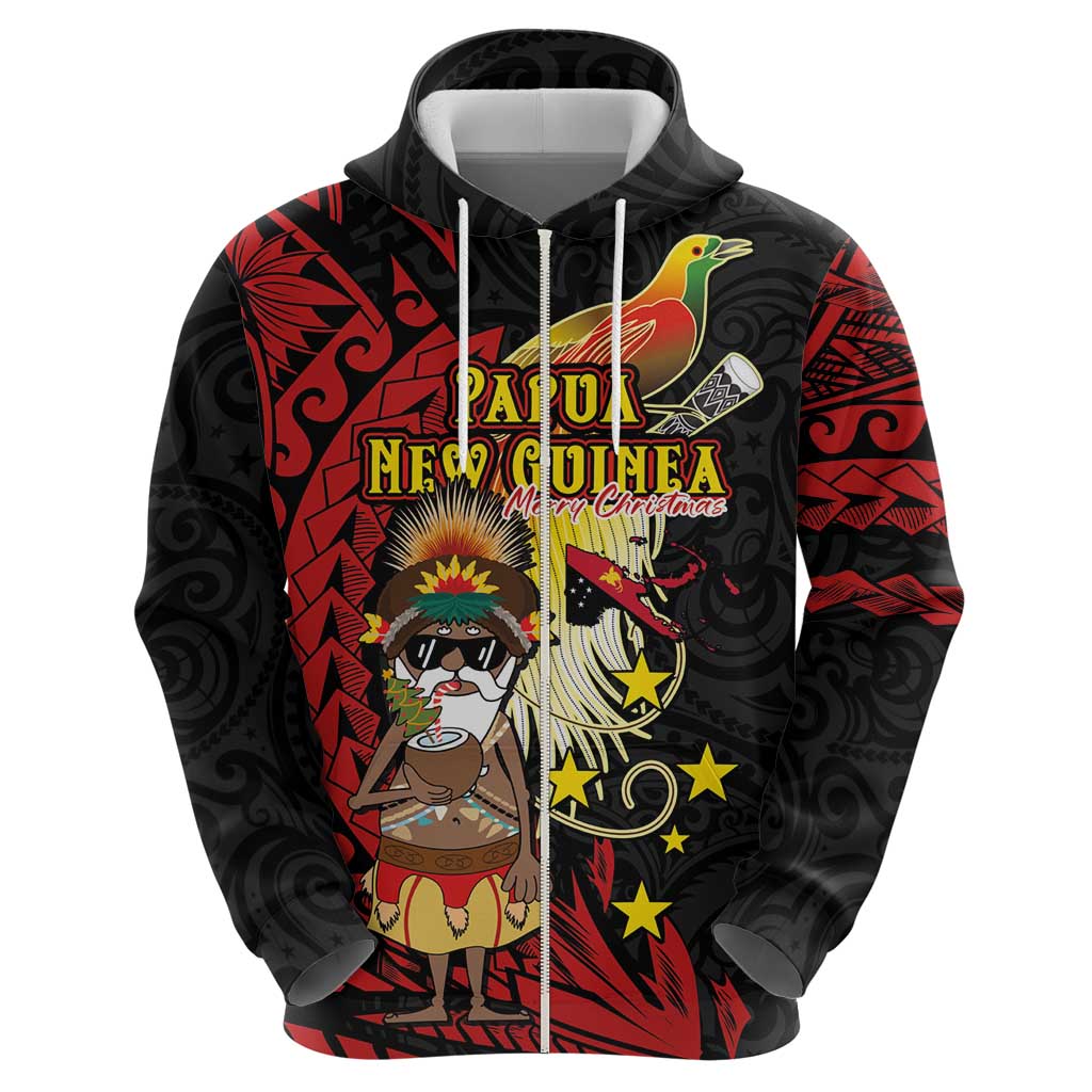 Papua New Guinea Christmas Zip Hoodie Funny Melanesian Santa with Bird-of-paradise Tribal Style - Polynesian Pride
