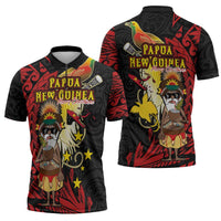 Papua New Guinea Christmas Zipper Polo Shirt Funny Melanesian Santa with Bird-of-paradise Tribal Style - Polynesian Pride