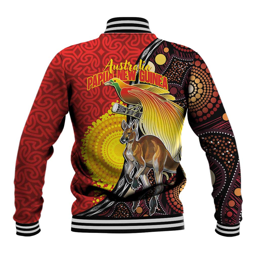 Australia and Papua New Guinea Together Baseball Jacket Bird-of-paradise and Kangaroo with Oro Tapa and Aboriginal Art Motifs - Polynesian Pride