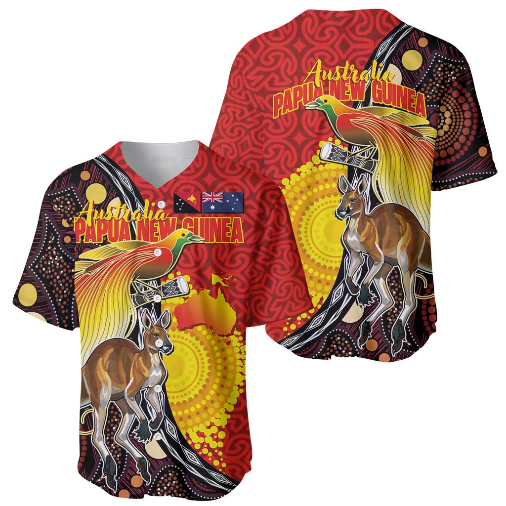 Australia and Papua New Guinea Together Baseball Jersey Bird-of-paradise and Kangaroo with Oro Tapa and Aboriginal Art Motifs LT03 - Polynesian Pride