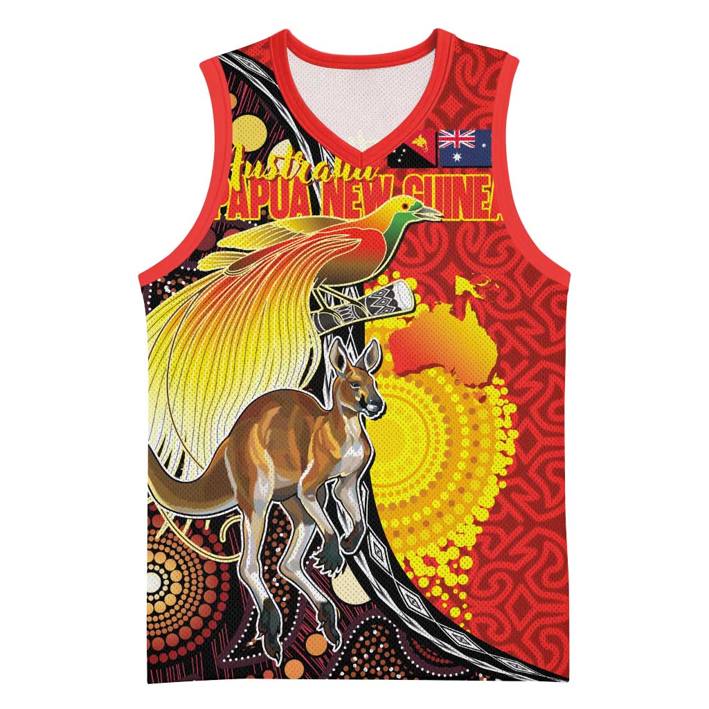 Australia and Papua New Guinea Together Basketball Jersey Bird-of-paradise and Kangaroo with Oro Tapa and Aboriginal Art Motifs - Polynesian Pride