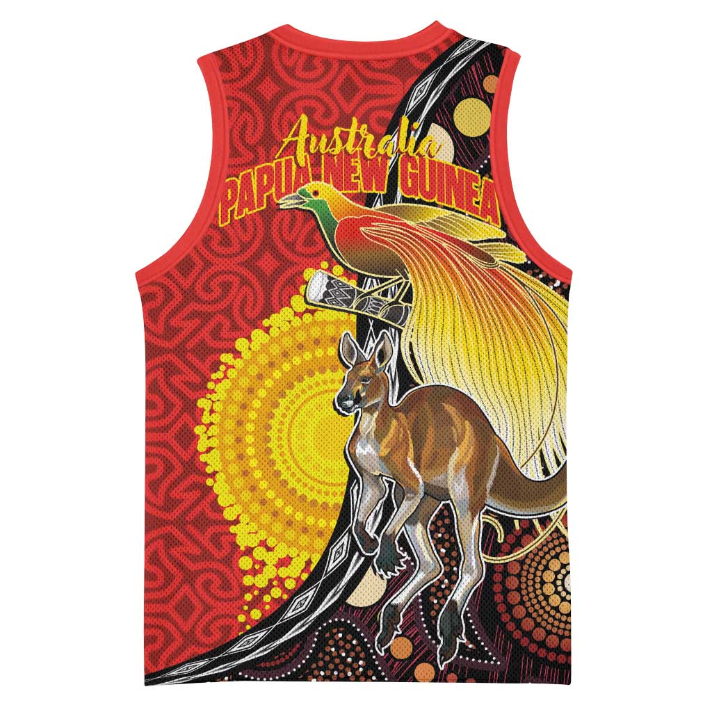 Australia and Papua New Guinea Together Basketball Jersey Bird-of-paradise and Kangaroo with Oro Tapa and Aboriginal Art Motifs - Polynesian Pride