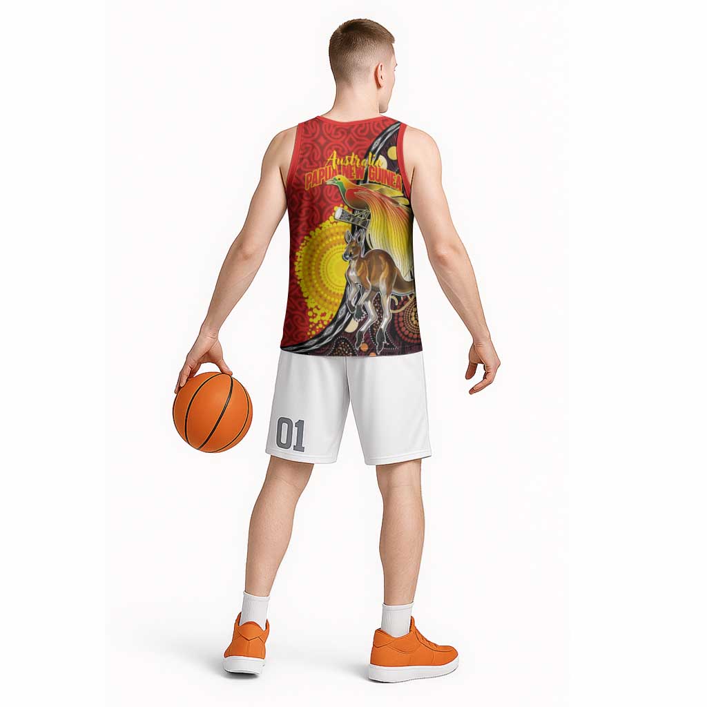 Australia and Papua New Guinea Together Basketball Jersey Bird-of-paradise and Kangaroo with Oro Tapa and Aboriginal Art Motifs - Polynesian Pride