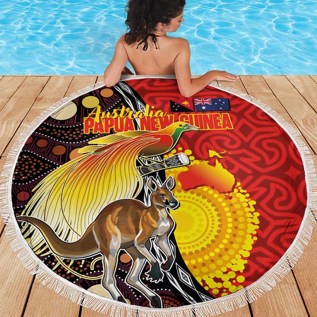 Australia and Papua New Guinea Together Beach Blanket Bird-of-paradise and Kangaroo with Oro Tapa and Aboriginal Art Motifs - Polynesian Pride